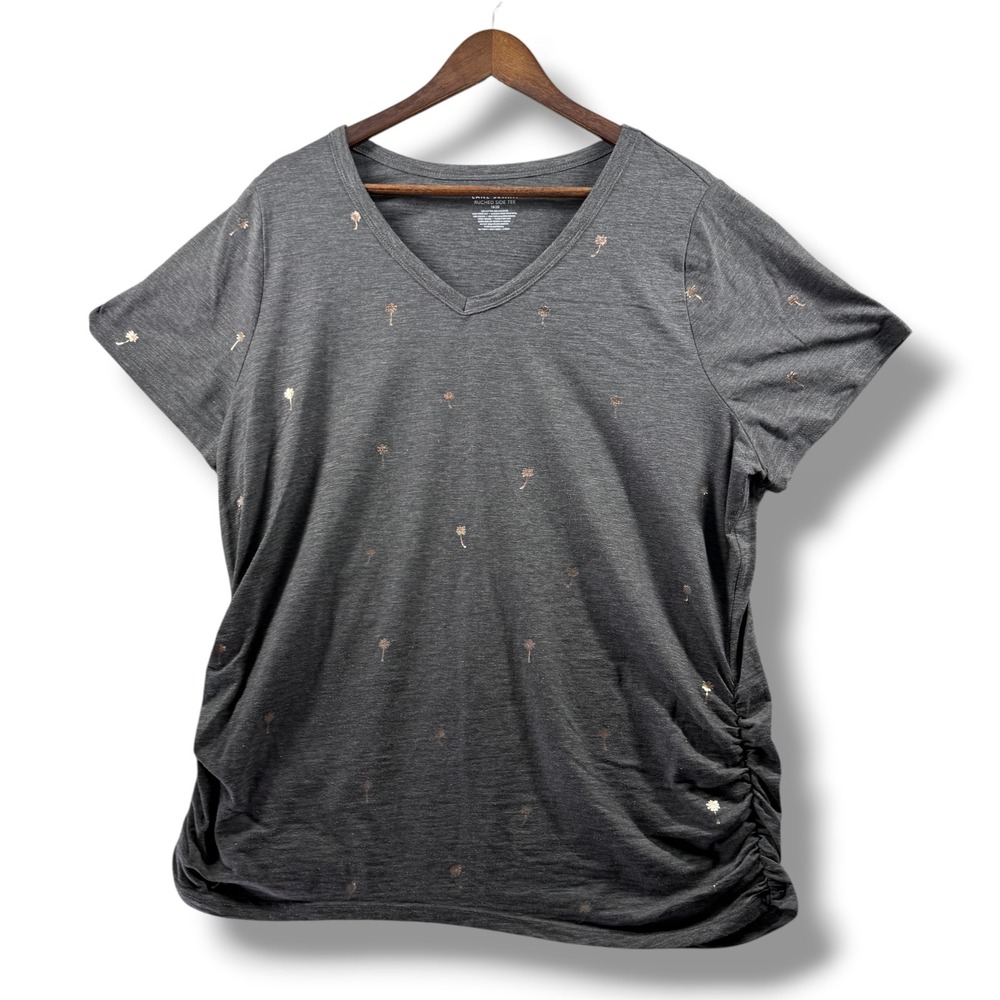 Lane Bryant Ruched Side Tee Charcoal Grey Rose Gold Palm Tree Foil V-Neck 18/20